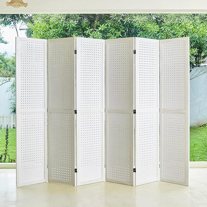 Pegboard Display, 5.6Ft Wooden Room Divider Folding Privacy Screens Portable Freestanding Wall Organizer for Retail Craft Art Display Board (6panels, White)