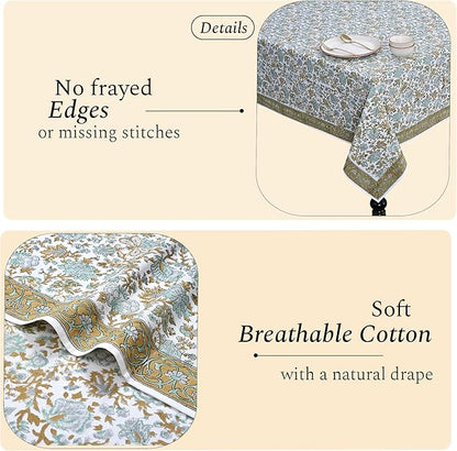 CPC Tablecloth 100% Cotton 70x118 Inch Indian Block Print Rectangle Table Cover, Table Cloth for Weddings, Spring/Summer, Barbeque -Harvest Bloom