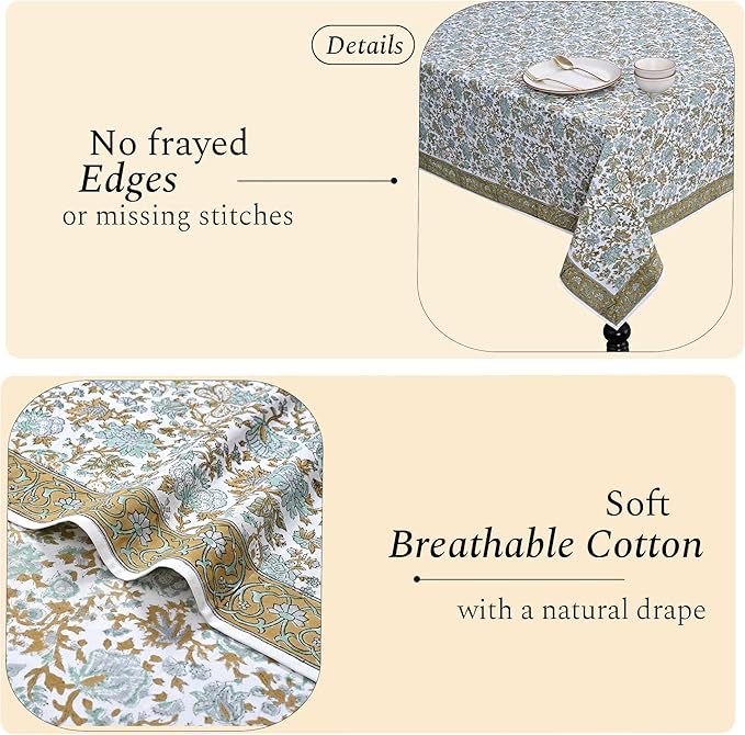 CPC Tablecloth 100% Cotton 72x140 Inch Indian Block Print Rectangle Table Cover, Blue Table Cloth for Weddings, Spring/Summer, Barbeque - Harvest Bloom