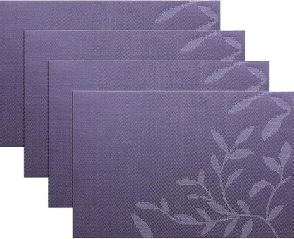 Leaf Placemats Set of 4, Non-Slip Heat-Resistant 18" x 12" Vinyl Washable Placemats for Kitchen Indoor Outdoor Party Birthdays Weddings Decoration (Purple)