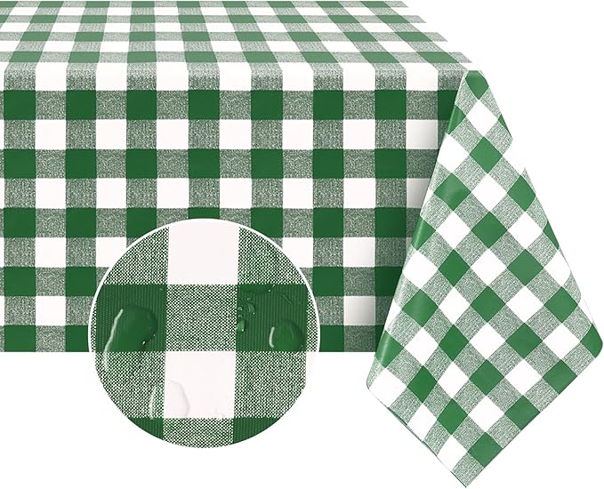 Romanstile Rectangle Vinyl Tablecloth, 100% Waterproof Buffalo Gingham Plastic Table Cloth, Heavy Duty Wipeable Checkered Table Covers for Outdoor, Camping, Picnic, Patio - 60 x 102, Green and White