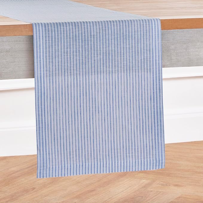 Solino Home Linen Table Runner 48 Inches - Narrow Stripe 100% Pure Linen Cornflower Blue and White Table Runner 14 x 48 Inch Ideal for Dresser and Coffee Tables - Winter, Spring, Easter