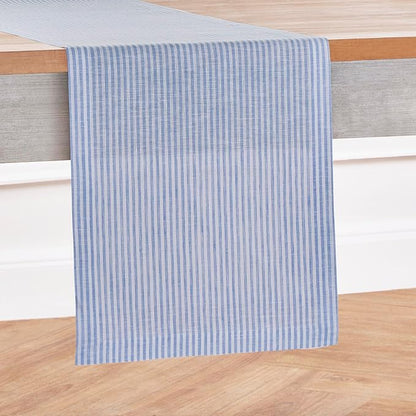 Solino Home Linen Table Runner 90 Inches Long - Narrow Stripe, 100% Pure Linen Cornflower Blue and White Farmhouse Table Runner 14 x 90 Inch for Dining, Winter, Spring, Easter