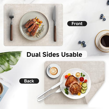 Faux Leather Vinyl Placemats Set of 4 Wipeable Heat Resistant Place Mats 100% Washable - Waterproof - Anti Slip Reversible Table Mats for Kitchen/Dining/Party, 12" x 16.5", Beige