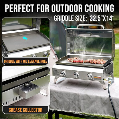 Tabletop Gas Griddle with Foldable Legs, Portable 3-Burner Propane Gas Grill Griddle Flat Top for Outdoor Cooking Patio Barbecue Camping Tailgating RV BBQ, Stainless Steel, #GS309