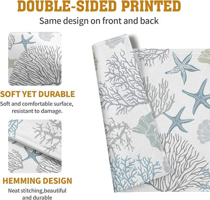 Summer Linen Placemats Set of 4 Nautical Coastal Theme Washable Non-Slip Heat Resistant Table Place Mat 12×18 Inch Ocean Beach Blue Grey Coral Starfish Place Mats for Kitchen Dining Table