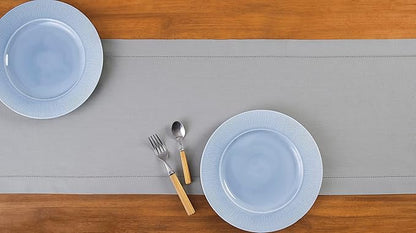 Solino Home Cotton Linen Light Grey Table Runner 120 Inches Long - Hemstitch 14 x 120 Inch Table Runner for Spring, Easter