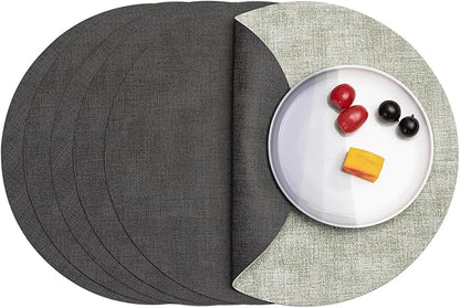 Myir JUN Round Placemats Dual Sided, Faux Leather Place Mats Set of 6 Indoor Placemat for Dining Table Outdoor Place mat Non-Slip Washable Table Mats (Gray Grass Green, Set of 6)