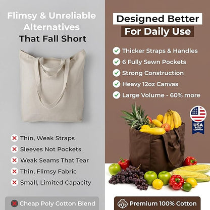 VeraMia Canvas Grocery Bag 3pc XL Set with Real Pockets, Long Shoulder Strap and Short Handle. Heavy Duty, Foldable, Washable