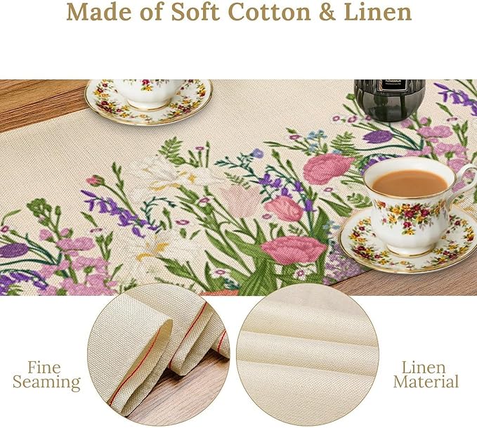 Floral Table Runner,Watercolor Spring Summer Seasons Pink Purple Flowers Table Decoration for Wedding Holiday Indoor Outdoor Home Party 13x70in