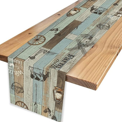 Farmhouse Cow Table Runner, Rustic Blue Wooden Animals Rooster Chicken Summer Spring Coffee Table Center Decor for Home Kitchen Dining Patio Holiday Party Country Outdoor Table Decorations, 13"x90"