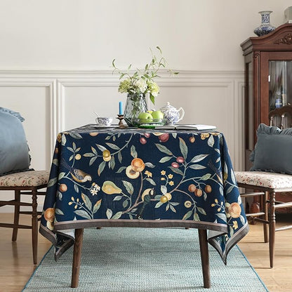 Linen Table Cloth Rectangle,Wrinkle Resistant French Blue Tablecloth Print with Froal,Decor Stitch Table Cloth for Thanksgiving,Dining Room,Home,Kitchen 55" × 79"-DeweyA Blue