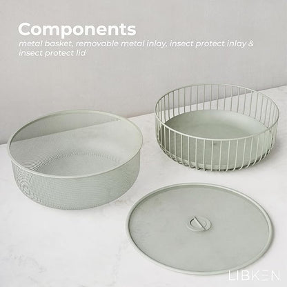 Metal Fruitbasket with Mesh Lid and Basket - Fruit and Vegetable Holder For Kitchen Counter - Countertop Display Baskets Organizer - Bowl Storage for Veggie, Fruits, Snack, and Banana - Green