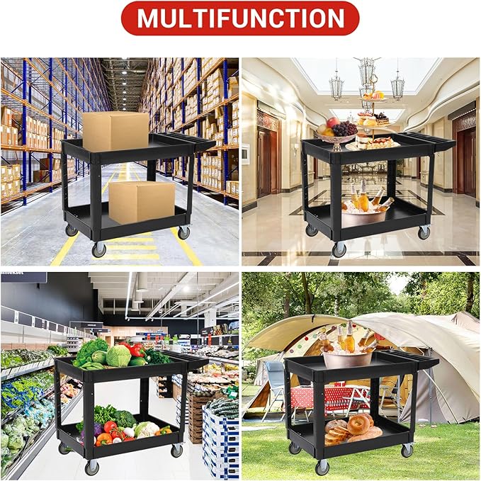 Service Cart 2-Shelf, Storage Handle, 500 lbs Capacity, for Warehouse/Garage/Cleaning/Manufacturing，45"X25" Black