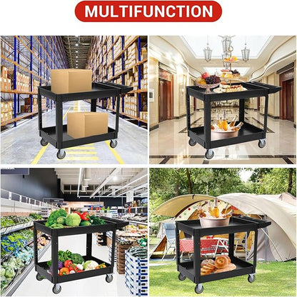 Service Cart 2-Shelf, Storage Handle, 500 lbs Capacity, for Warehouse/Garage/Cleaning/Manufacturing，45"X25" Black