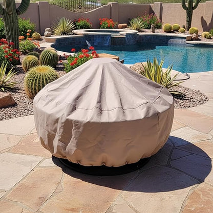 Sunnydaze Round Outdoor Fire Pit Cover - Heavy-Duty 300D Polyester and PVC with Drawstring Closure - Khaki - 30-Inch