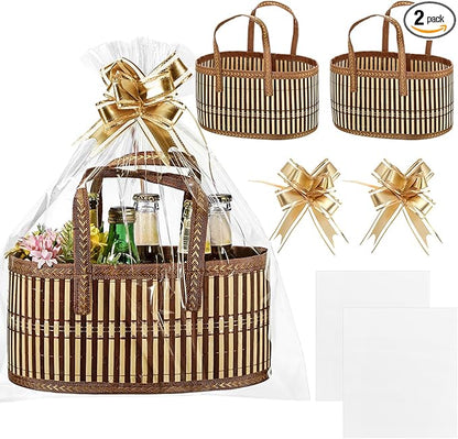 Reallnaive Baskets for Gifts Empty Sturdy Woven Bamboo Gift Basket with Gift Bags and Ribbons for Christmas Thanksgiving Birthday Mothers Day Housewarming Party Gift Wrapping, 12"x 8"x 6"(2 Set)