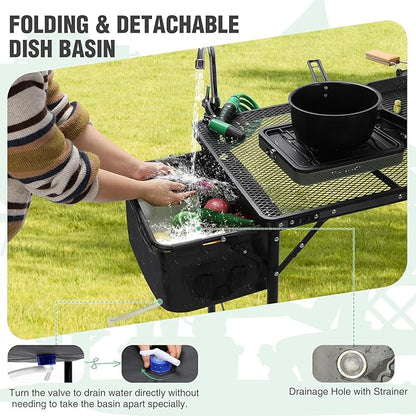 RedSwing Folding Grill Table with Sink and Double Shelf, Multifunctional Portable Stand Table for Outdoor Camping, Picnics, and Barbecues, 69"x20"x31.5", Black