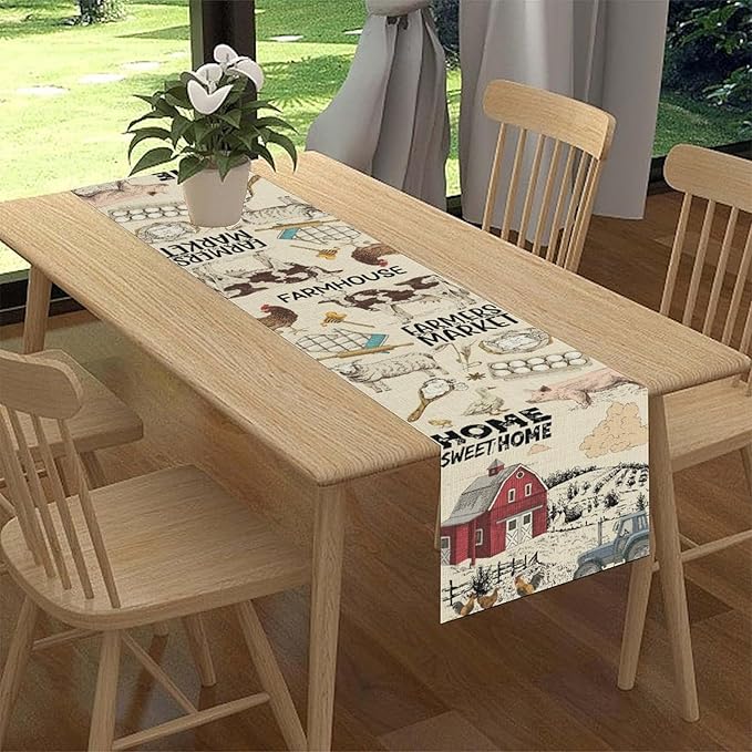 Farmhouse Rooster Table Runner, Rustic Cow Chicken Pig House Animals Coffee Table Center Decor for Family Kitchen Dining Room and Living Room Outdoor Country Holiday Party Table Decorations, 13"x90"