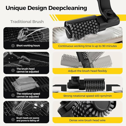 Electric Rotary Grill Brush for Outdoor Grill, 3-Speed Power Control, 304 Stainless Steel BBQ Grill Brush with No Bristle Shedding, 90 Mins Extended Runtime Grill Cleaning Brush (Black)