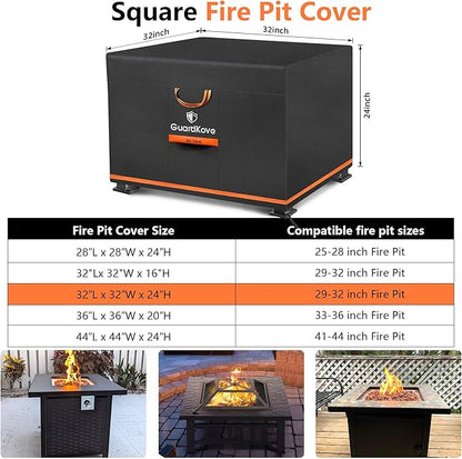 [Upgraded 1000D Heavy Duty Fabric] 32” Fire Pit Cover Square for 29”- 32” Fire Pit/Table, Waterproof Tear & Fade Resistant Firepit Cover with Buckle, Air Vents, Drawstring (32”L x 32”W x 24”H, Black)