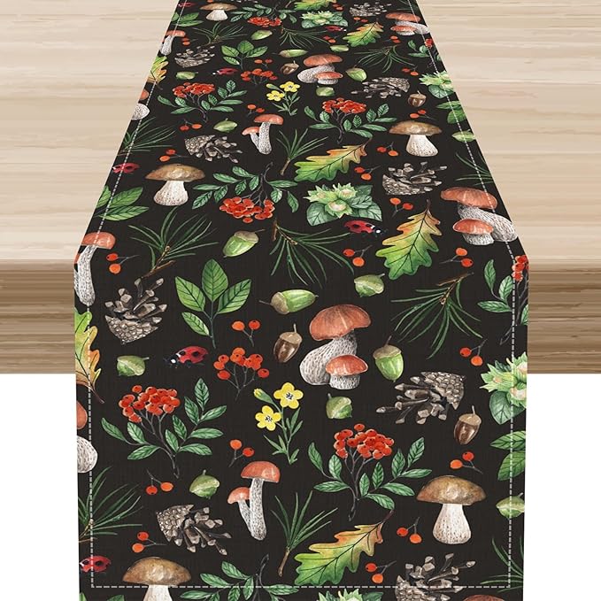 Mushroom Table Runner, Rustic Farmhouse Forest Plants Botanical Wild Floral Coffee Table Center Decor for Home Kitchen Dining Patio Holiday Party Indoor Outdoor Table Decorations, 13"x72" Inch
