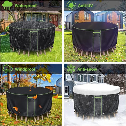Round Patio Table Cover for Outdoor Table Chairs Set,600D Outdoor Furniture Cover Waterproof,Tear Resistance and Anti-UV,48" Dia x 28" H,Black