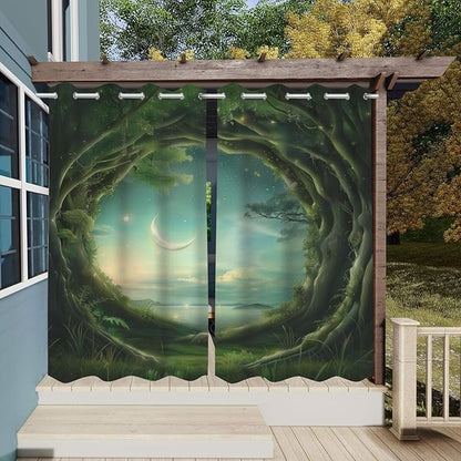 Forest Theme Waterproof Indoor/Outdoor Curtains,Trees Moon Lake Pattern,Grommet Curtain for Bedroom, Porch, Living Room, Pergola, Cabana,2 Panel,42 x 63 inch,Green