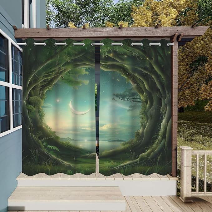 Forest Theme Waterproof Indoor/Outdoor Curtains,Trees Moon Lake Pattern,UV and Fade Resistant Outside Curtains for Gazebo, Front Porch, Pergola,2 Panel,54 x 96 inch,Green
