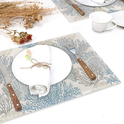 Coastal Beach Placemats Set of 6,Shell Starfish Coral Heat Resistant Table Mats Washable Place Mats for Party Kitchen Farmhouse Home Dining Holiday Decor 12x18 Inch