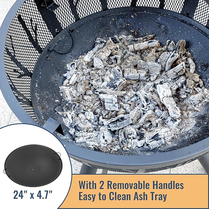 35 Inch Wood Burning Fire Pit with BBQ Grill, Heavy Duty Fire Pits Ball for Outside with Spark Screen & Removable Ash Pan, Outdoor firepit & Fireplace for Bonfire in Garden, Yard