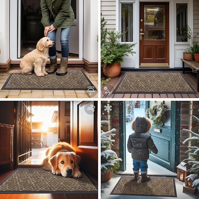 Smiry Front Door Mat Outside Entrance, Heavy Duty Sturdy Natural Rubber Doormat, Trap Dirt and Moisture, Easy Clean Low Profile Mats for Indoor Outdoor Entry, Grid Geometric (59x35, Brown)