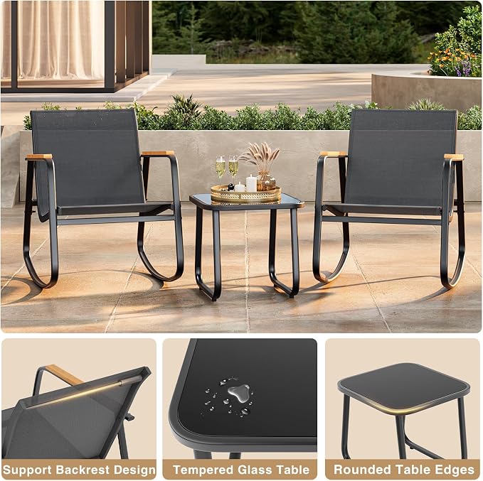3 Pieces Patio Furniture Set Textilene Outdoor Rocking Set, A Tempered Glass - Image 5