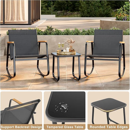 3 Pieces Patio Furniture Set Textilene Outdoor Rocking Set, A Tempered Glass - Image 5
