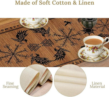 Viking Table Runners, Viking Tree of Life Raven Helmet of Awe Wood Print Table Runner for Home Kitchen Coffee Dining Room Bedroom Party 13x60in