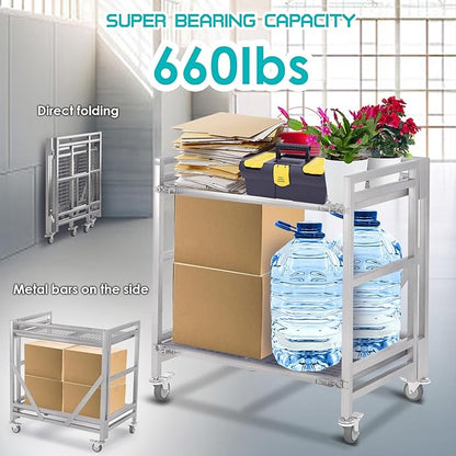 2 Shelf Rolling Cart with Wheels, 660lbs Capacity Collapsible Steel Rolling Utility Cart, Heavy-Duty Foldable Hand Truck, Metal Storage Carts with Handle for Groceries, Warehouse (36" Lx26 W)