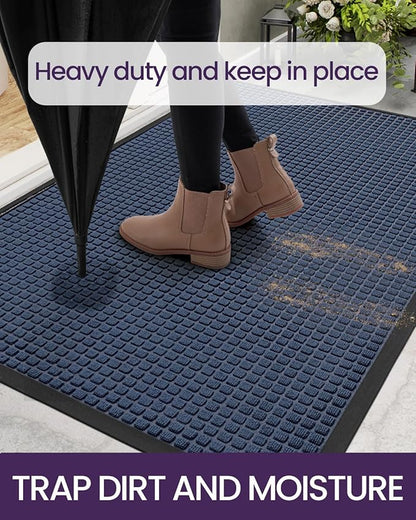 DEXI Front Door Mat Outside Entrance, 2x4 ft Rubber Entry Doormat Heavy Duty, Welcome Mats Non Slip for Inside House Floor Entryway Double Doors Exterior Patio, Squares Blue