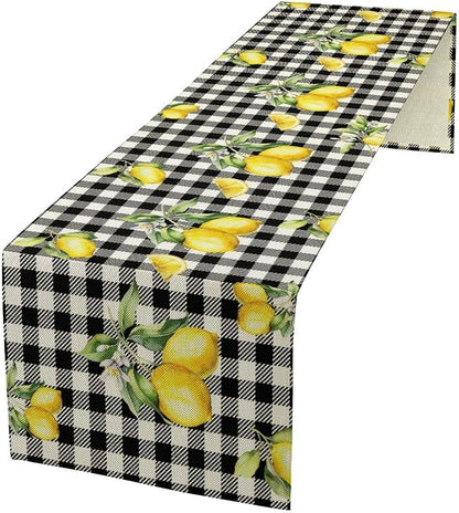 Fresh Lemon Table Runner, Yellow Lemon Black White Buffalo Check Plaid Table Runner for Farmhouse Coffee Home Kitchen Dining 13x70in
