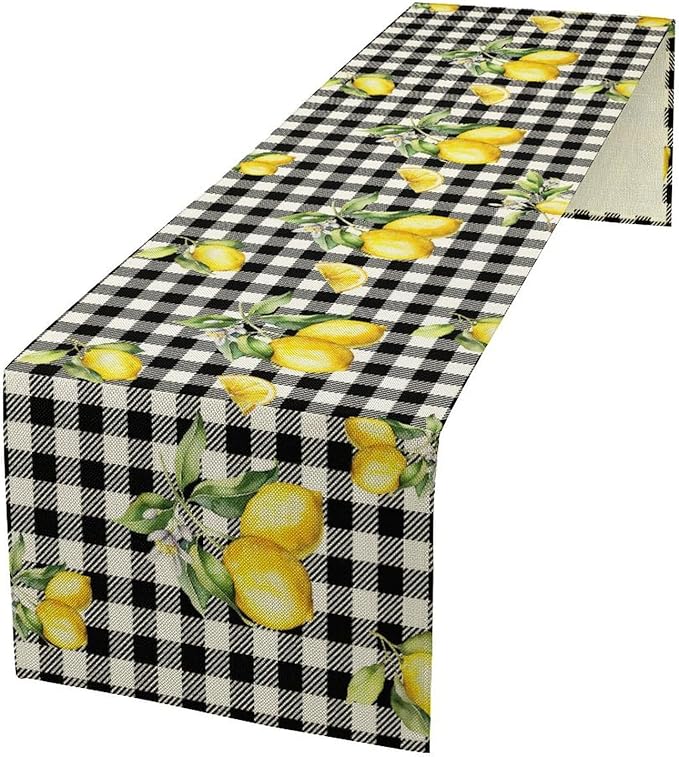Fresh Lemon Table Runner, Yellow Lemon Black White Buffalo Check Plaid Table Runner for Farmhouse Coffee Home Kitchen Dining 13x108in