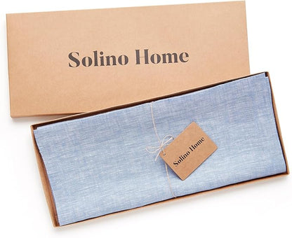 Solino Home Linen Chambray Blue Table Runner 132 Inches Long - Athena, 100% Pure Linen Dining Table Runner 14 x 132 Inch for Spring, Easter