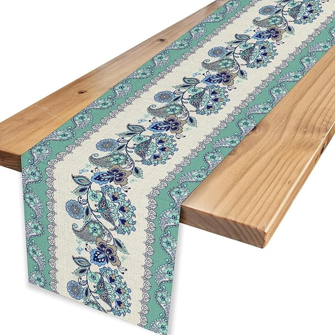 Paisley Table Runner, Vintage Teal Damask Floral Flower Boho Antique Damask Swirled Pattern Rustic Coffee Table Center Decor for Family Kitchen and Living Room Outdoor Table Decorations, 13"x72"