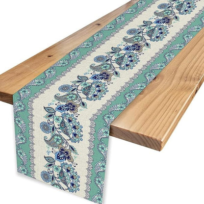 Paisley Table Runner, Vintage Teal Damask Floral Flower Boho Antique Damask Swirled Pattern Rustic Coffee Table Center Decor for Family Kitchen and Living Room Outdoor Table Decorations, 13"x72"