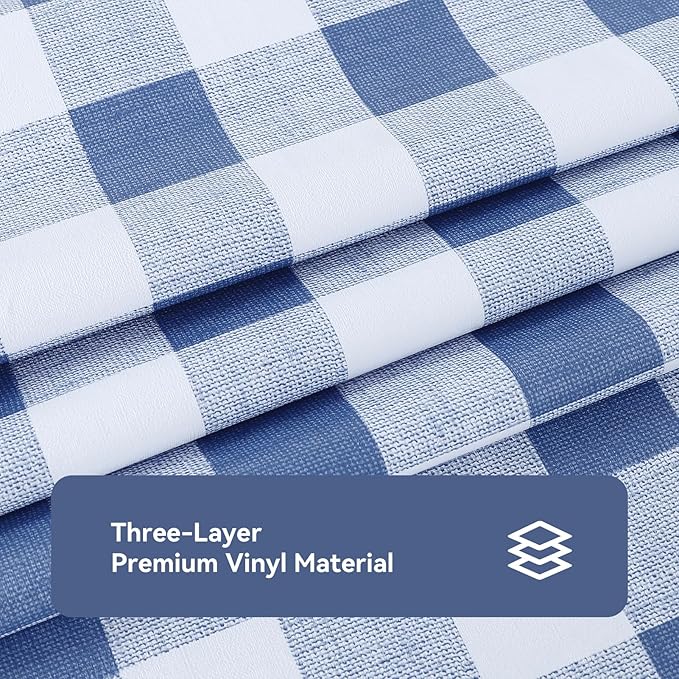 Romanstile Gingham Rectangle Plastic Tablecloth, 100% Waterproof Checkered PVC Table Cloth, Heavy Duty Vinyl Table Cover for Dining, Camping, Picnic, Outdoor - 54 x 108 Inch, Light Blue and White