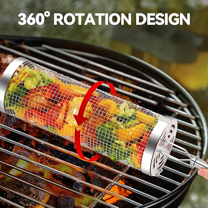 ZORMY 3pcs Rolling Grill Baskets, Grill Veggie Basket, BBQ Baskets for Grilling, Round Stainless Steel Grill Baskets for Outdoor Grill, Camping basket for Vegetables, Birthday Gifts for Men