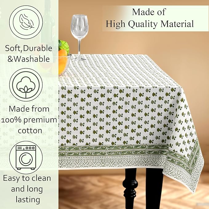 CPC Lotus Meadow Tablecloth 100% Cotton 60x60 Inch Indian Block Print Rectangle Table Cover, Table Cloth for Gifting in Weddings, Halloween, Fall, Christmas, Thanksgiving