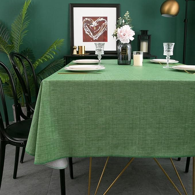 LIBERECOO Vinyl Tablecloth with Flannel Backing, Grass Green, Waterproof, Stain-Resistant, Easy-Clean Table Cover for Holiday, Dining, Kitchen, and Outdoor Use, 60" x 120" Rectangle