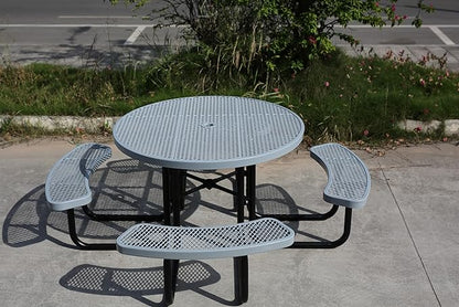 46'' Round Metal Picnic Table for Outdoors, Commercial Steel Metal Picnic Tables, Heavy Duty Sturdy Picnic Tables Furniture Set for Patio Garden Courtyard BBQ, with Umbrella Hole, Grey