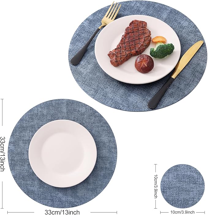 Homaxy Round Faux Leather Placemats and Coasters, Washable Dual-Side Table Mats, Wipeable Heat-Resistant Dining Place Mats for Outdoor and Indoor, Set of 12, Diameter 13 and 3.93 inch, Blue