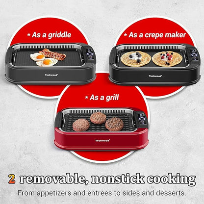 Indoor Smokeless Grill, Techwood 1500W Electric Indoor Grill with Tempered Glass Lid, Portable Non-stick BBQ Korean, Turbo Smoke Extractor Technology, Drip Tray& Double Removable Plate, Black
