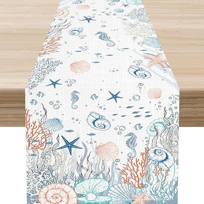 Nautical Table Runner, Summer Coastal Starfish Seahorse Seashells Coral Tropical Ocean Beach Colorful Farmhouse Coffee Table Center Decor for Home Kitchen Dining Patio Indoor Outdoor, 13"x36" Inch